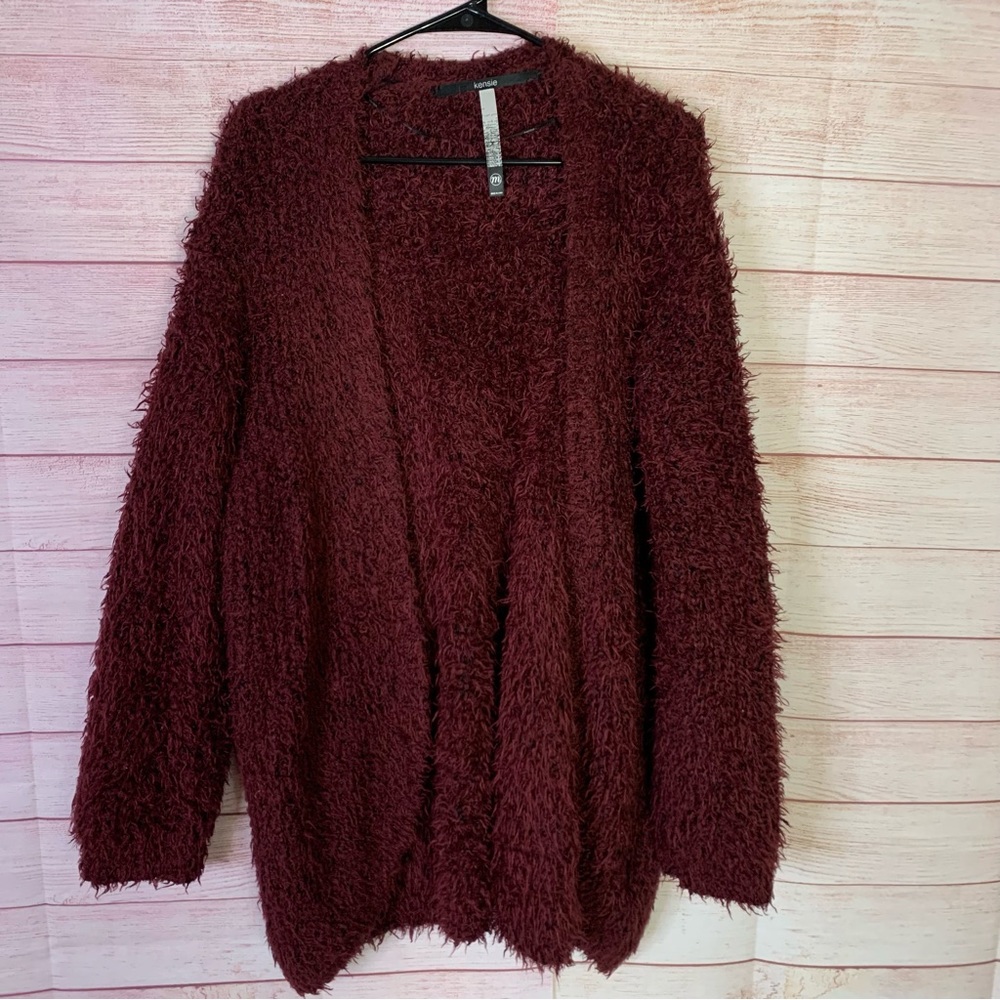 Kensie Cozy Burgundy Oversized Shag Open Front Cardigan Size Medium